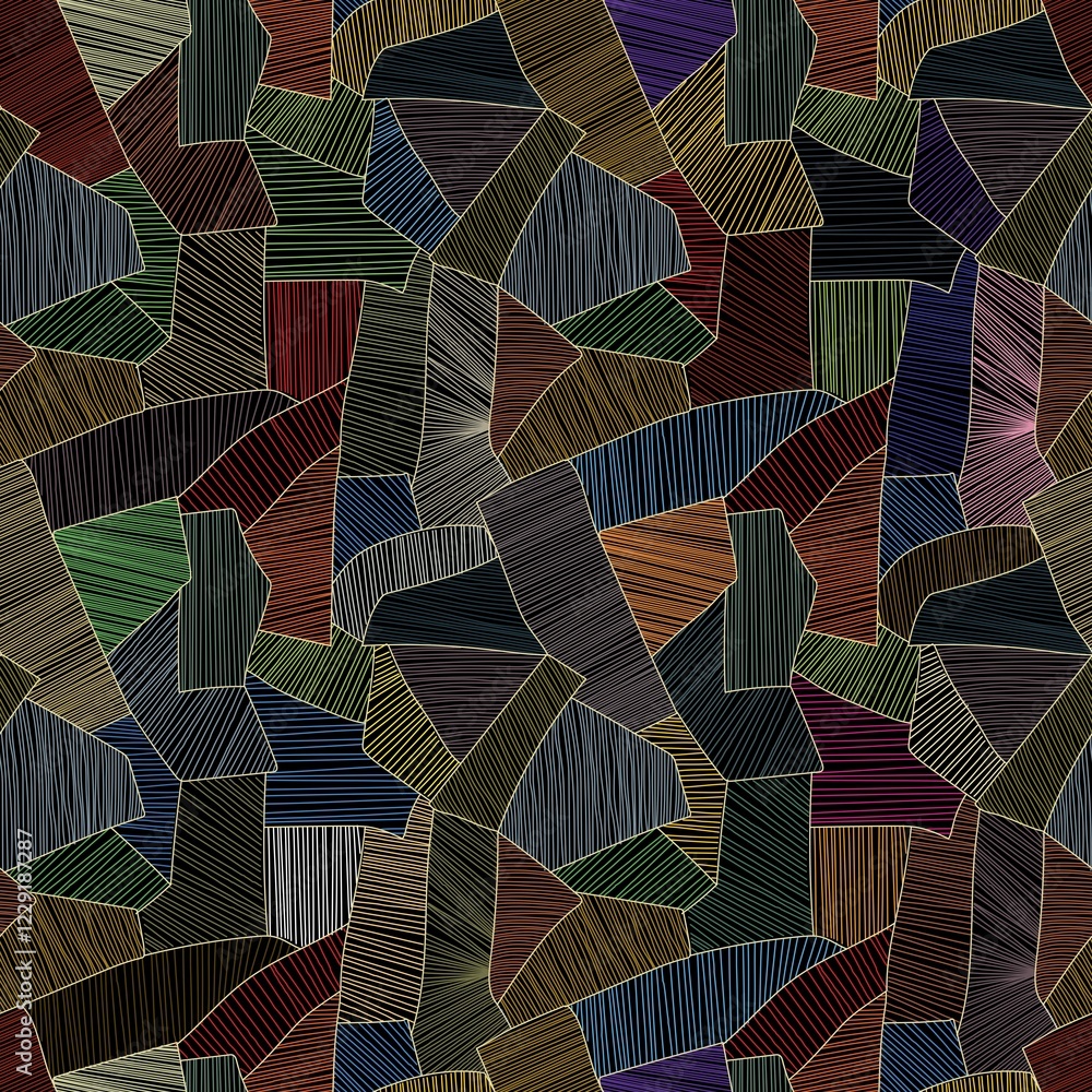Poster seamless vector patchwork pattern, abstract art textile background in colors