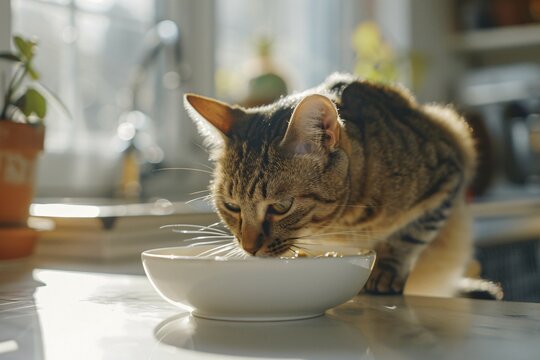 Cat eating food from bowl on kitchen table. Generative Ai, AI generated