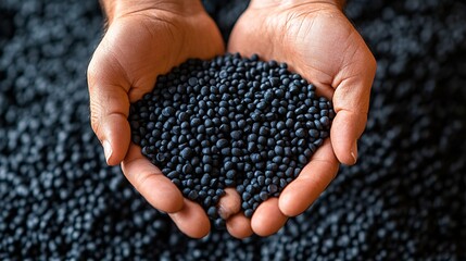 Close-up of black biodegradable plastic pellets in hands, showcasing environmentally responsible materials for a sustainable, eco-conscious future.