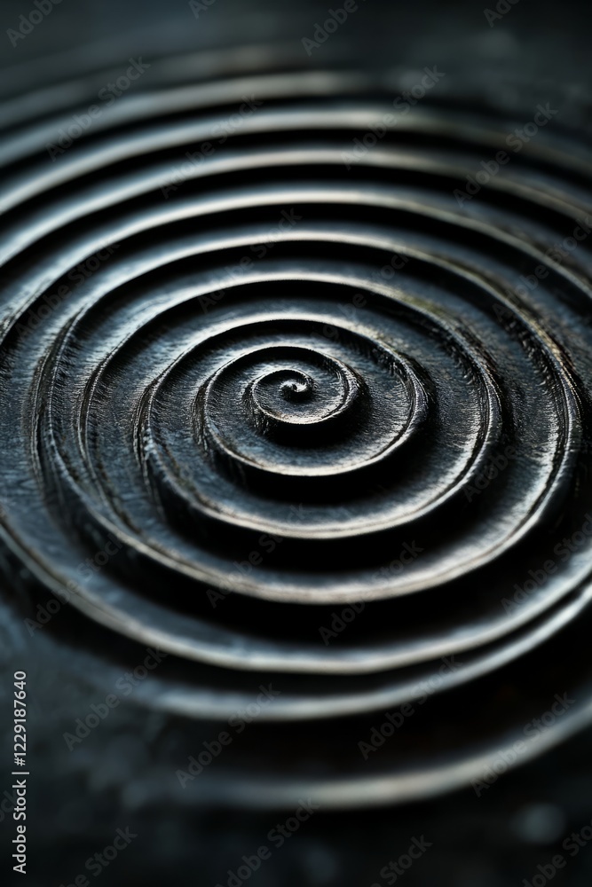 Poster detailed view of circular patterns on a dark metallic surface, showcasing texture and light reflecti