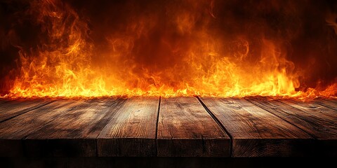 Fiery Wooden Table Background with Burning Flames