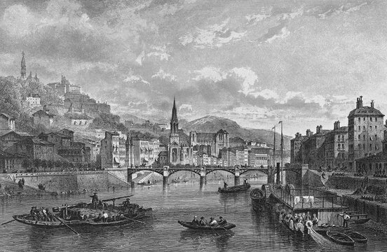 Historic cityscape, steel engraving, Lyon in 1830, France, Europe