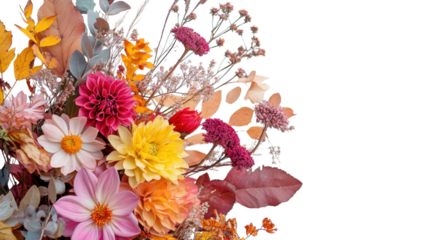 Bright and colorful floral arrangement featuring various blooms and dried leaves in a creative composition