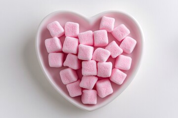 A heart-shaped bowl filled with pink marshmallows, ideal for romantic dinner or party decoration