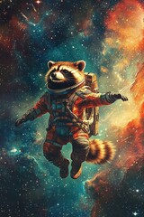 Fototapeta premium a raccoon in a protective spacesuit flies in space. against the backdrop of the international space station. looks through the spacesuit. many stars