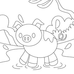 Pig coloring book page for kids and children. Animal black and white vector illustration.