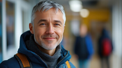 smiling man with short gray hair wearing blue jacket and backpack in school hallway. His expression conveys warmth and approachability