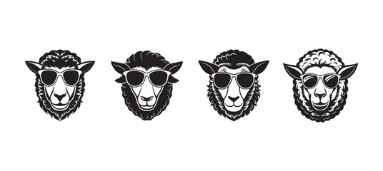 set of sheep head wearing  sunglasses silhouette, black and white silhouette, vector and illustration