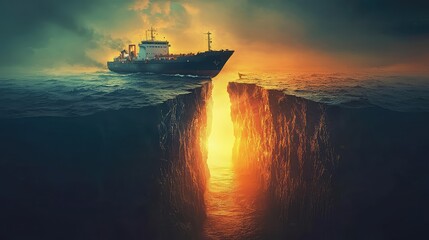 Fototapeta premium Ship on Ocean Above a Glowing Chasm with Dramatic Sunset Sky