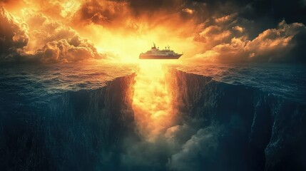 Obraz premium Dramatic Seascape with Ship Near Abyss Under Fiery Sky at Sunset