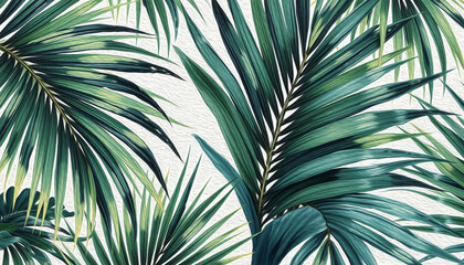 Palm leaves. Oil painting. Pattern for printing on wall decorations, covers, leaflets, business cards