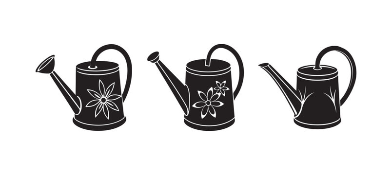 set of garden watering can silhouette, black and white silhouette, vector and illustration