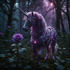 A glowing purple rose in an enchanted forest, guarded by a unicorn.