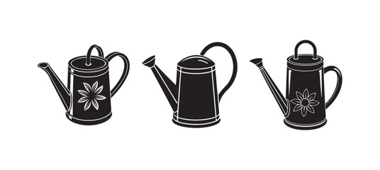 set of garden watering can silhouette, black and white silhouette, vector and illustration