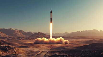Captivating view of a rocket launching into the clear desert sky.