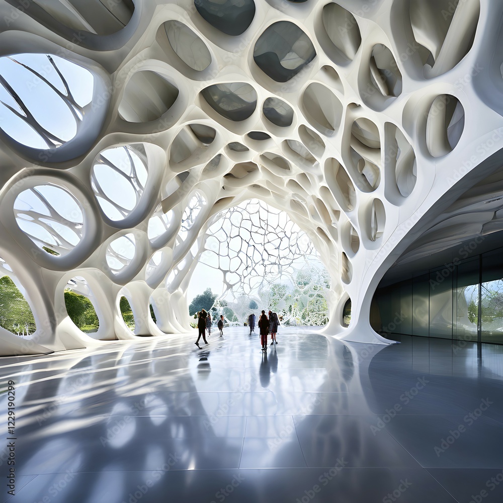 Poster modern building design with a network of interconnected shapes inspired by the structure of spider s