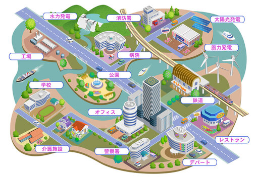 生活に根差したスマートシティの町並みイラスト（文字入り）   バリエーションあり