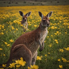 Fototapeta premium A kangaroo and her joey standing in a field of blooming buttercups.