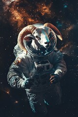 Fototapeta premium A ram in a protective spacesuit flies in space. looks through the spacesuit. many stars. in the background of the nebula. high detail. fisheye lens