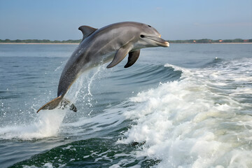 Fototapeta premium dolphin jumping into the sea. Bottle nosed Dolphin Jumping. Playful dolphins jumping over breaking waves. 