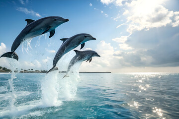 Fototapeta premium dolphin jumping into the sea. Bottle nosed Dolphin Jumping. Playful dolphins jumping over breaking waves. 