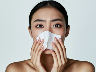 A Asian woman's hands holding a tissue near a runny nose