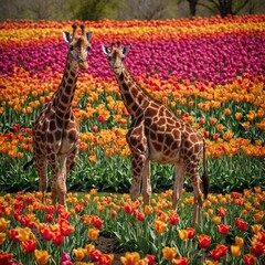 A giraffe and her calf walking through a garden of colorful tulips.