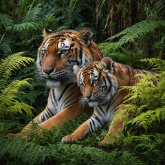 Obraz premium A tiger and her cubs resting in a jungle of vibrant ferns and flowers.
