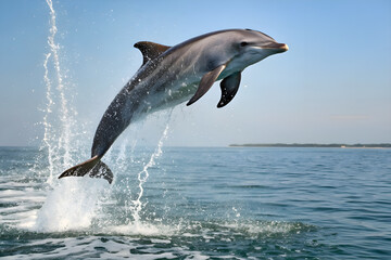 Fototapeta premium dolphin jumping into the sea. Bottle nosed Dolphin Jumping. Playful dolphins jumping over breaking waves. 