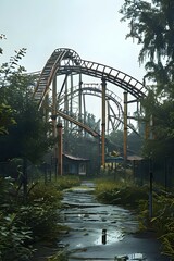 Fototapeta premium Bandoned amusement park overgrown with vegetation and rusting roller coasters, AI generated