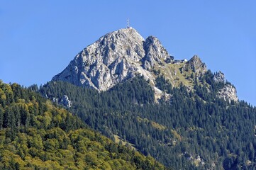 Obraz premium Wendelstein with transmitter at the top and mountain station of Wendelstein Rack Railway, Mangfall Mountains, Alpine foothills, Upper Bavaria, Bavaria, Germany, Europe