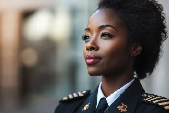 A woman in a military uniform poses for a photo, great for use in historical or military-themed contexts