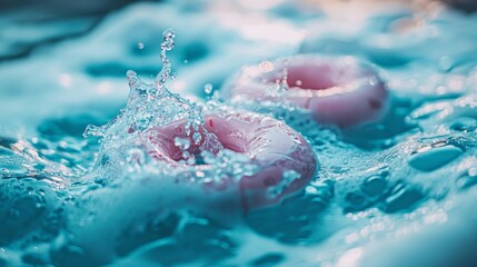 Fototapeta premium Vibrant pink macarons splashing into water