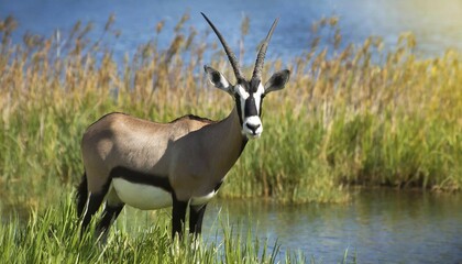 Fototapeta premium KI generated, animal, animals, mammal, mammals, biotope, habitat, one, individual, foraging, one, wildlife, thomson's gazelle (Eudorcas thomsonii), Kenya, Tanzania, gazelle, side, river, water, waterhole, reed, Africa