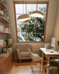 The interior design of a cozy contemporary home office workspace features a computer desk and decor.