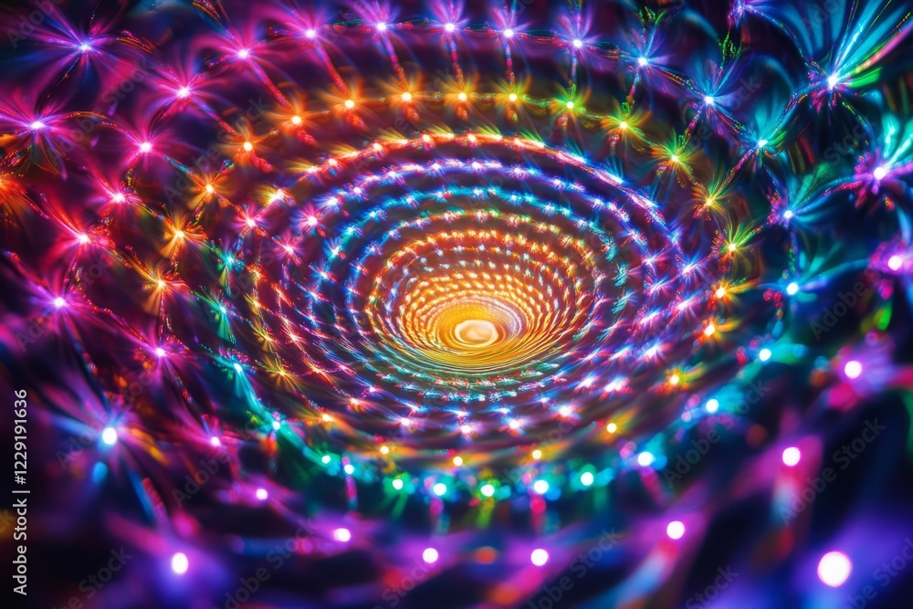 Poster a captivating display of colorful led lights forming a spiral pattern, creating a stunning optical i