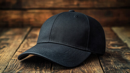 black baseball cap resting on wooden surface, showcasing its sleek design and texture. This versatile accessory is perfect for casual wear and outdoor activities