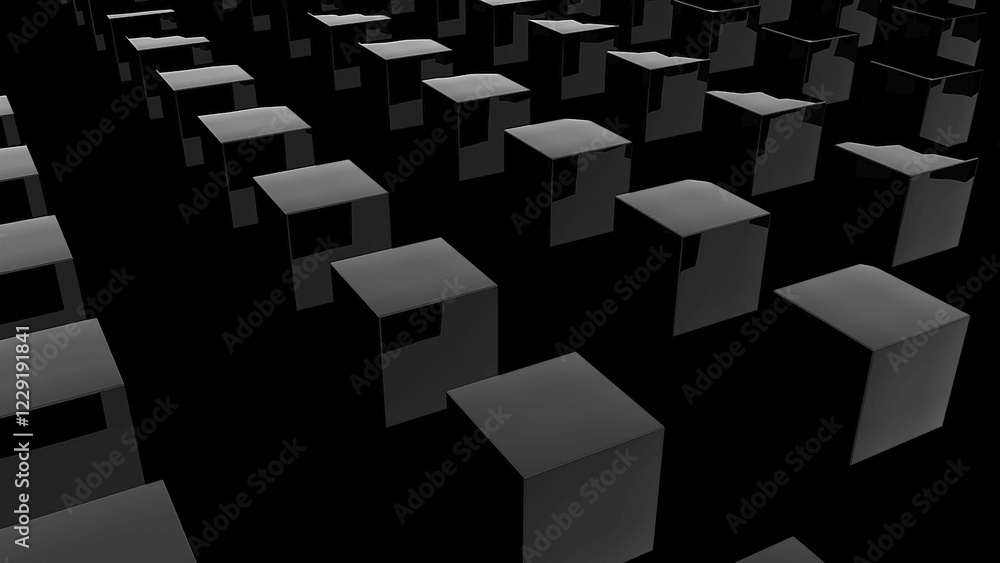 Poster rows of many dark shiny cubes, modern computer generated 3d rendering background