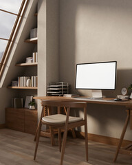 A contemporary Scandinavian workspace features a computer placed on a wooden table and sleek decor.