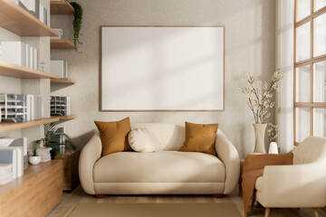 A cozy contemporary beige living room features beige wooden decors, creating a warm atmosphere.