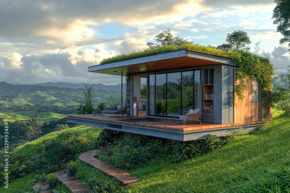 Poster a small house with a unique feature of a green roof on a hill, suitable for use in landscape or arch