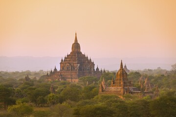 Ancient temples, pagodas, in the evening light, haze, Bagan, Myanmar, Asia