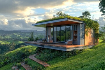A small house with a unique feature of a green roof on a hill, suitable for use in landscape or architecture images