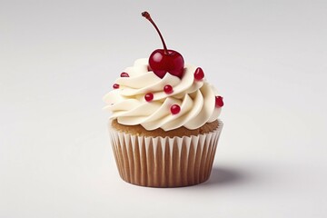 Single cupcake with white frosting and cherry fruit. KI generiert, generiert AI generated