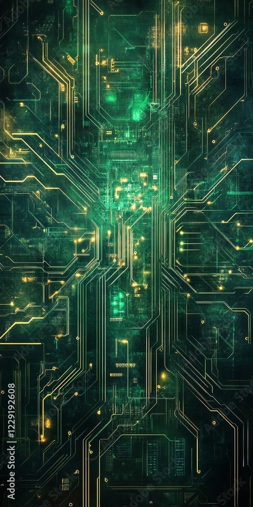 Poster the image is a close up of a computer chip, with a green and yellow color scheme