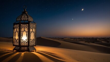 Ramadan Sunset in the Desert with Lanterns, Iftar and Golden Dunes.