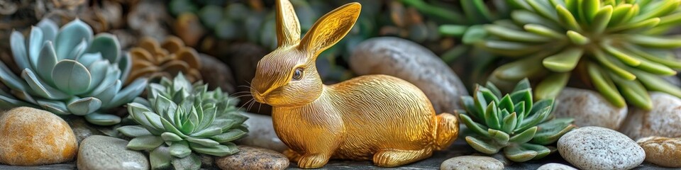 Obraz premium A statue of a rabbit sits amidst a vibrant garden of succulents