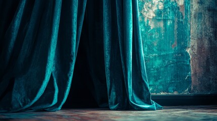 Luxurious velvet curtain in rich teal color