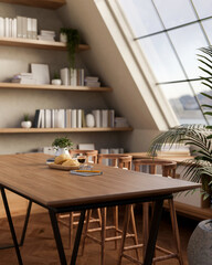 A wooden dining table with stools in a contemporary Scandinavian room.