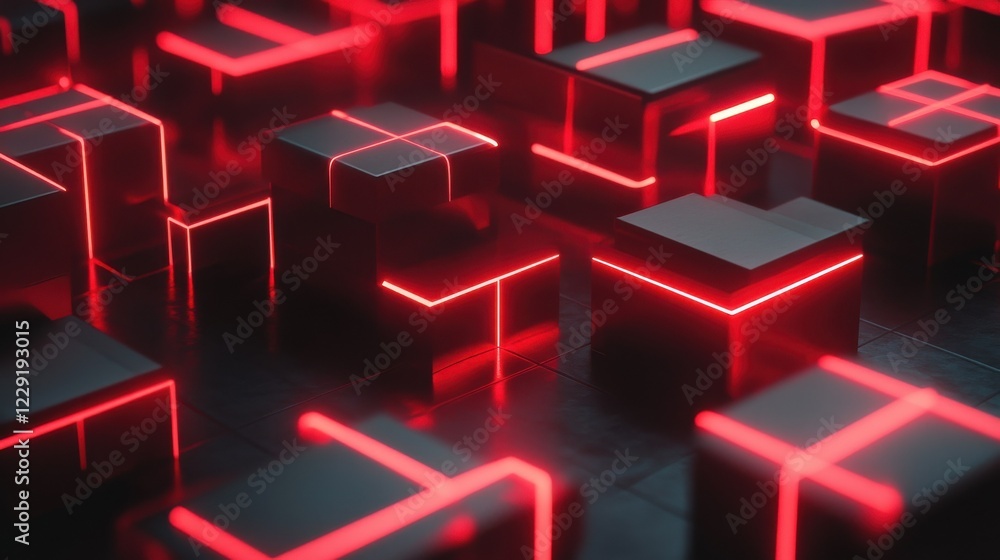 Poster abstract digital rendering of boxes with red neon lights, representing online shopping and fast deli